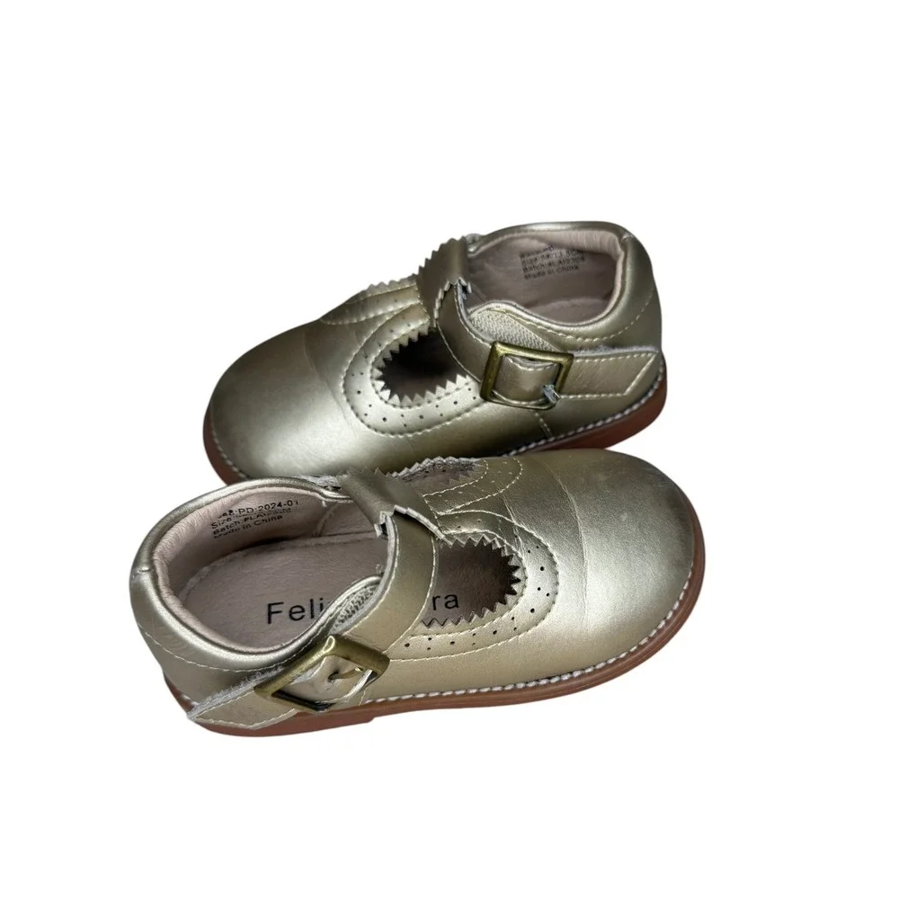 Felix & Flora Gold Metallic Mary Jane T-Strap Shoes Toddler Girls Size 5W 13.5CM